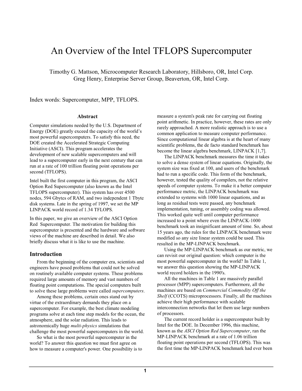 An Overview of the Intel TFLOPS Supercomputer