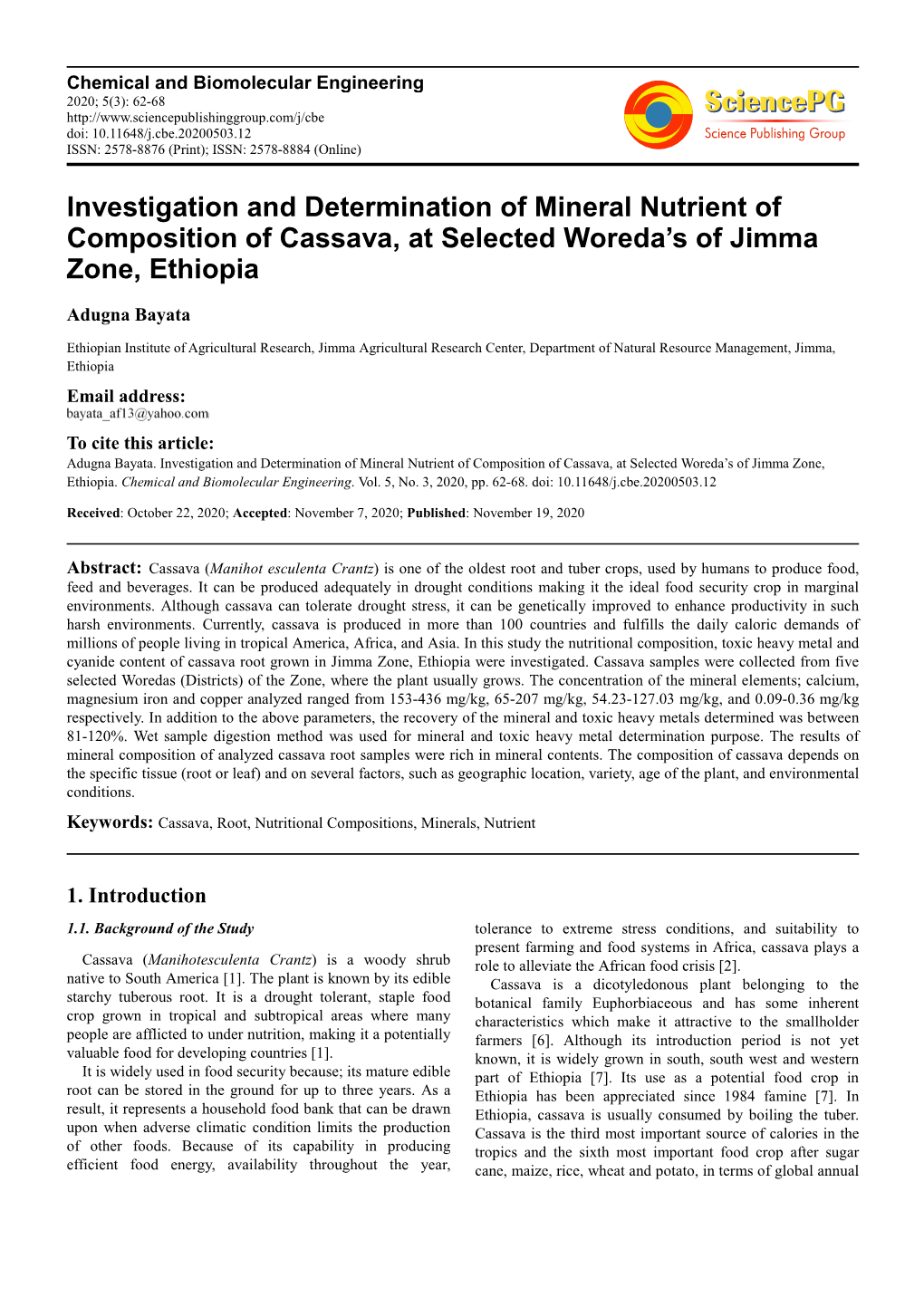Investigation and Determination of Mineral Nutrient of Composition of Cassava, at Selected Woreda’S of Jimma Zone, Ethiopia