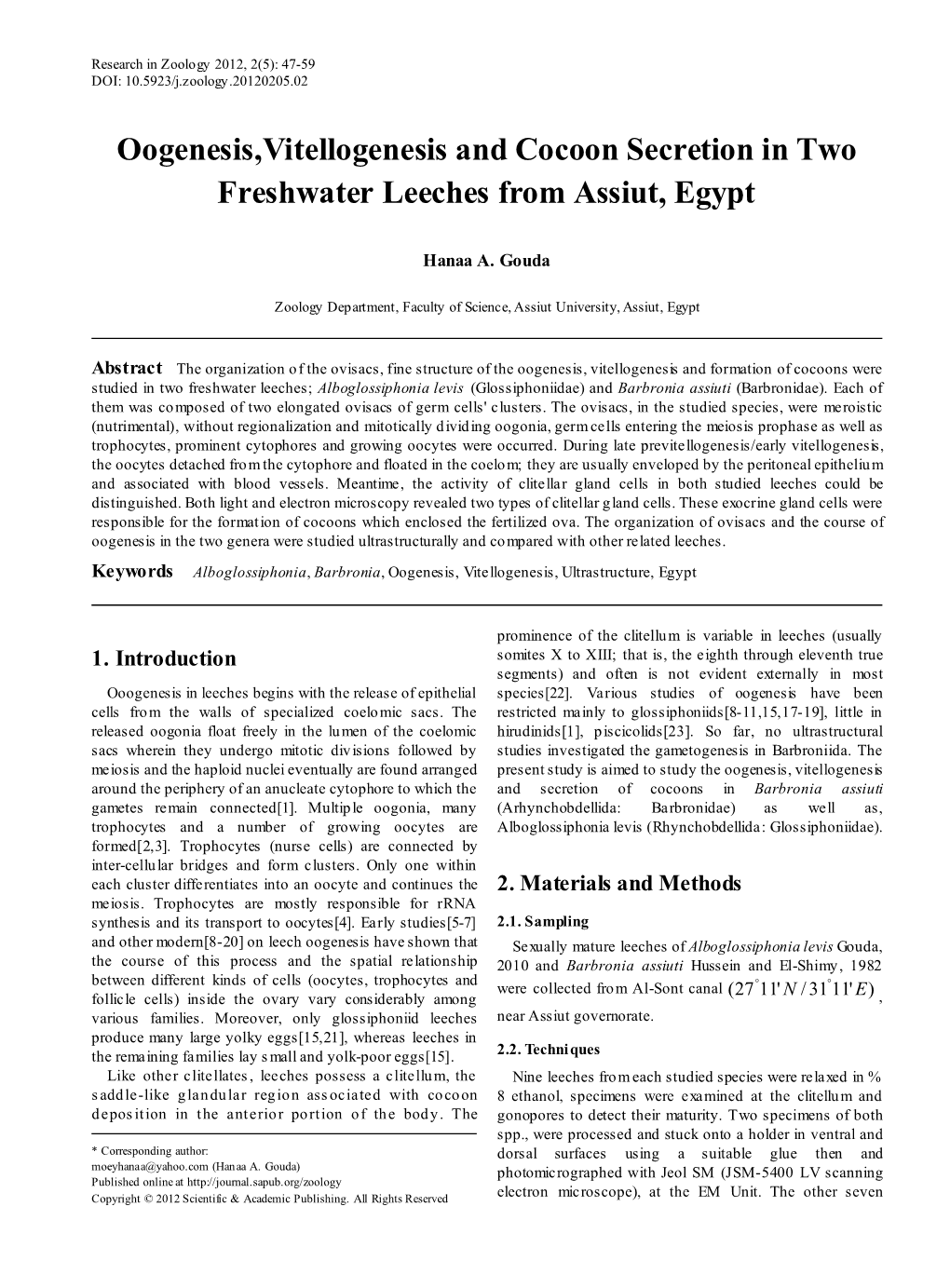 Oogenesis,Vitellogenesis and Cocoon Secretion in Two Freshwater Leeches from Assiut, Egypt