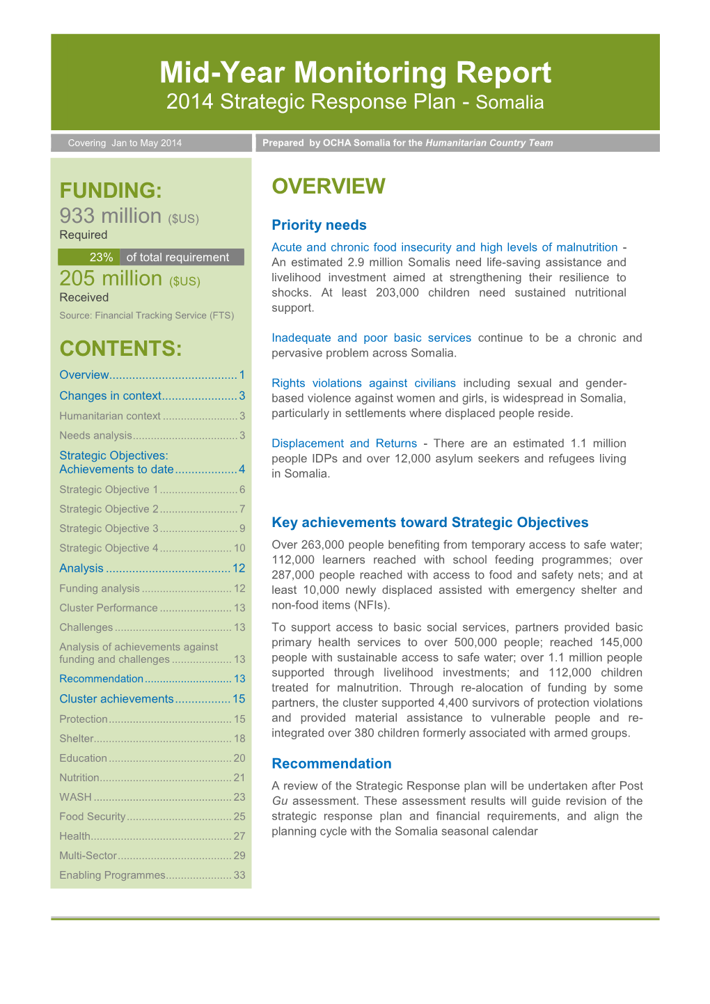 Mid-Year Monitoring Report 2014 Strategic Response Plan - Somalia