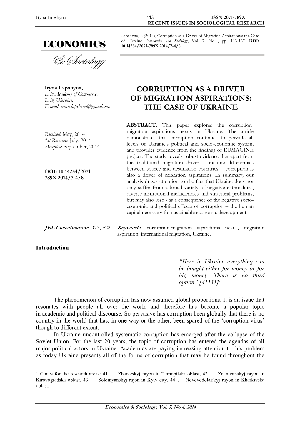 Corruption As a Driver of Migration Aspirations: the Case of Ukraine, Economics and Sociology, Vol