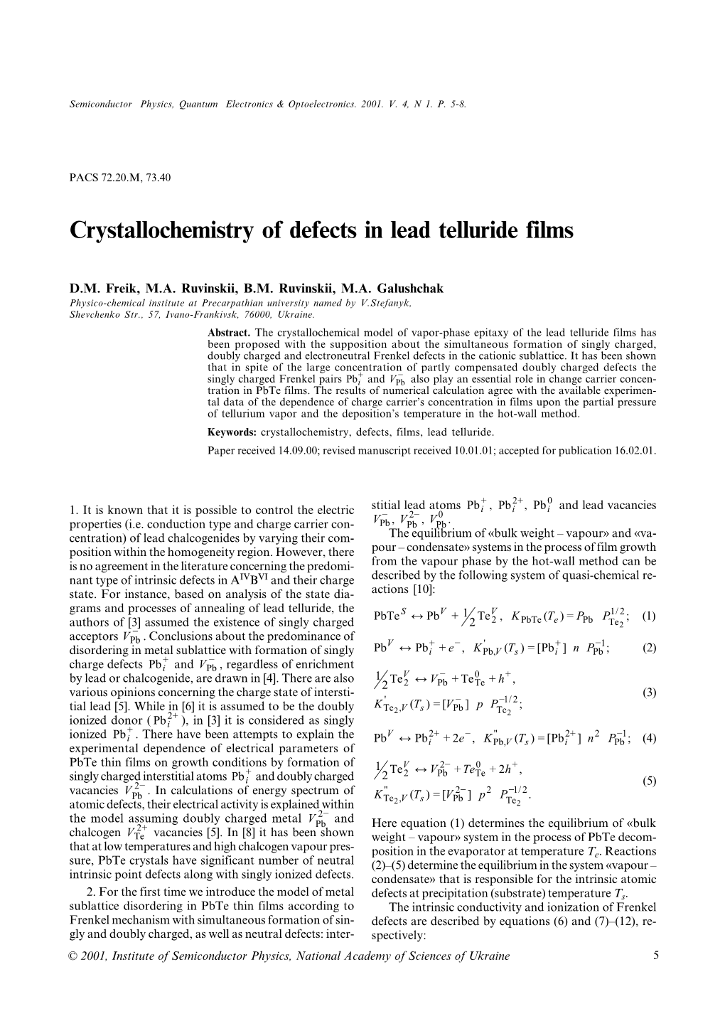 Crystallochemistry of Defects in Lead Telluride Films