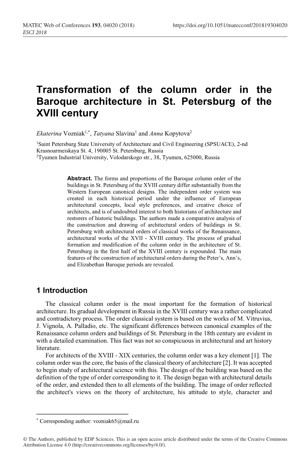 Transformation of the Column Order in the Baroque Architecture in St