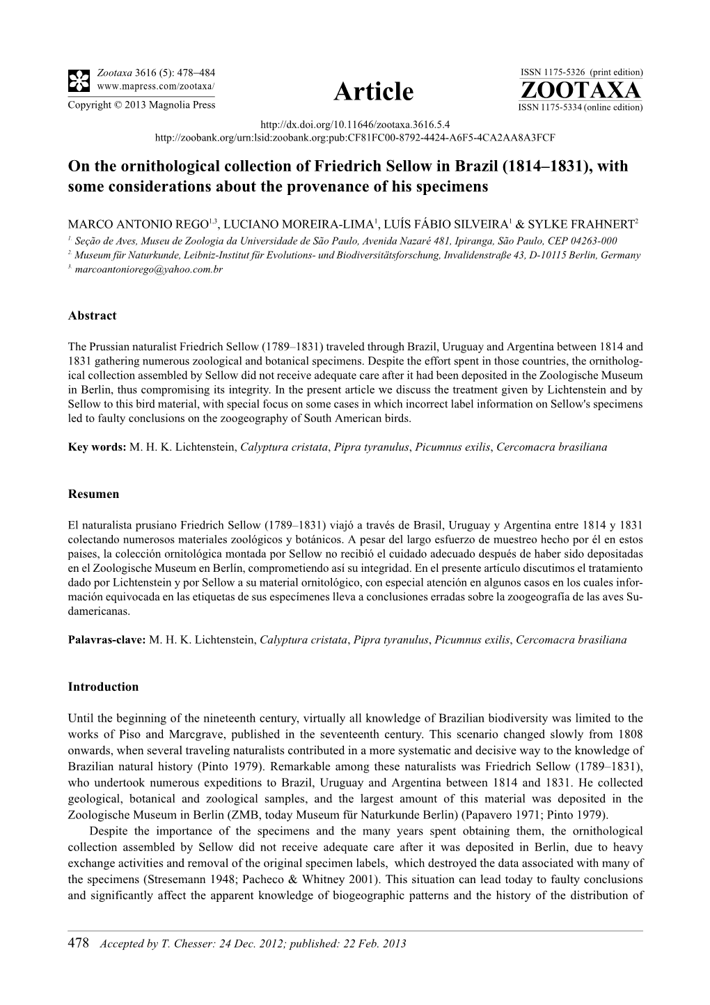 On the Ornithological Collection of Friedrich Sellow in Brazil (1814–1831), with Some Considerations About the Provenance of His Specimens