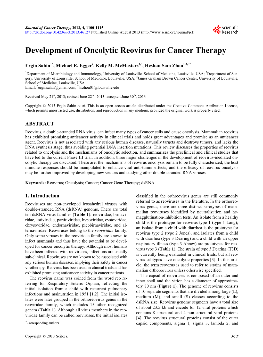 Development of Oncolytic Reovirus for Cancer Therapy