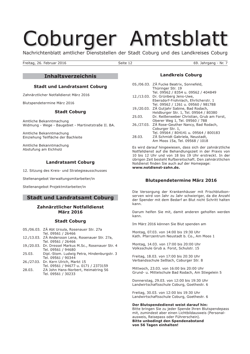 Coburger Amtsblatt Nachrichtenblatt Amtlicher Dienststellen Der Stadt Coburg Und Des Landkreises Coburg