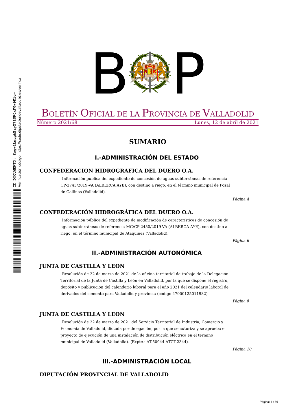 BOLETÍN OFICIAL DE LA PROVINCIA DE VALLADOLID Número 2021/68 Lunes, 12 De Abril De 2021
