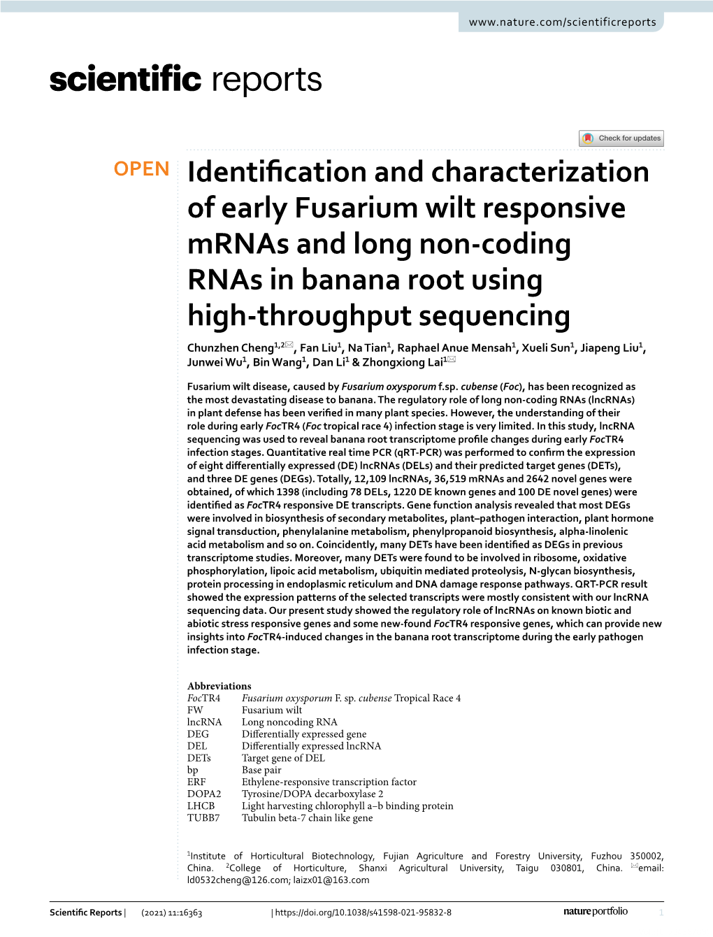 Identification and Characterization of Early Fusarium Wilt Responsive