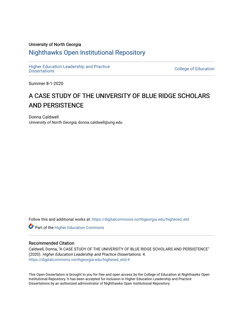 A Case Study of the University of Blue Ridge Scholars and Persistence