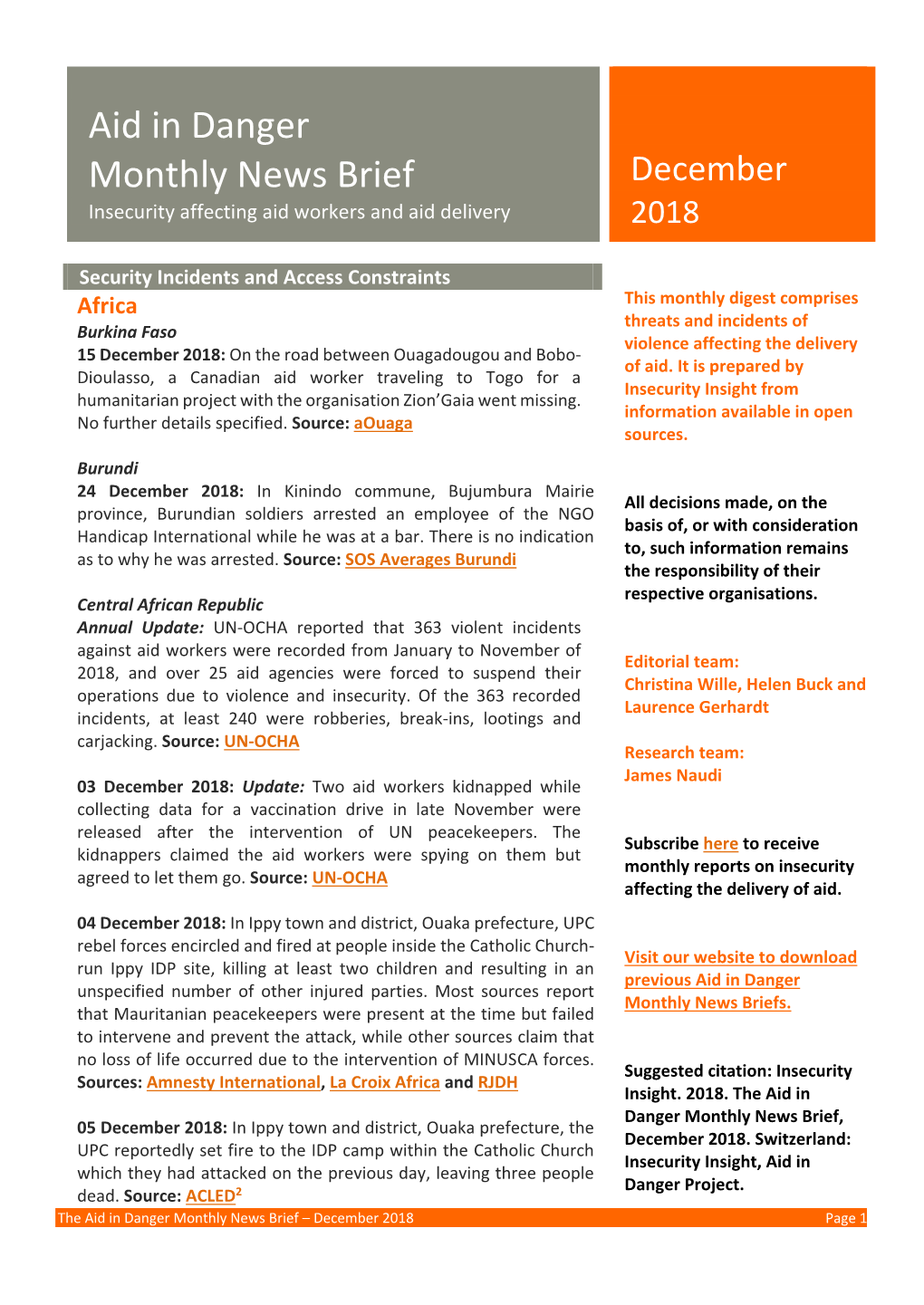 Aid in Danger Monthly News Brief December Insecurity Affecting Aid Workers and Aid Delivery 2018