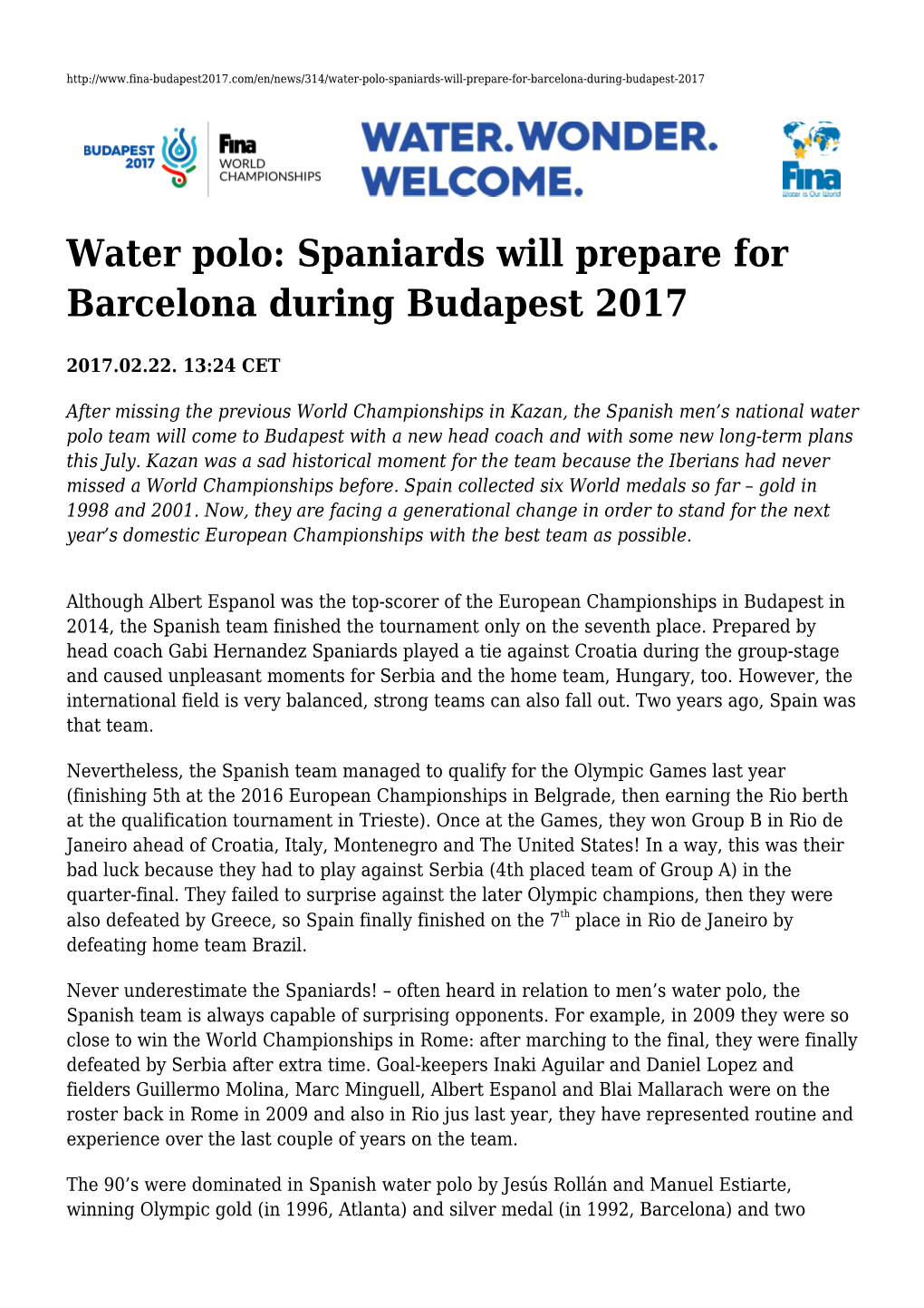 Water Polo: Spaniards Will Prepare for Barcelona During Budapest 2017