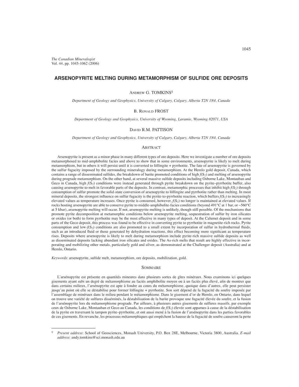 Arsenopyrite Melting During Metamorphism of Sulfide Ore Deposits