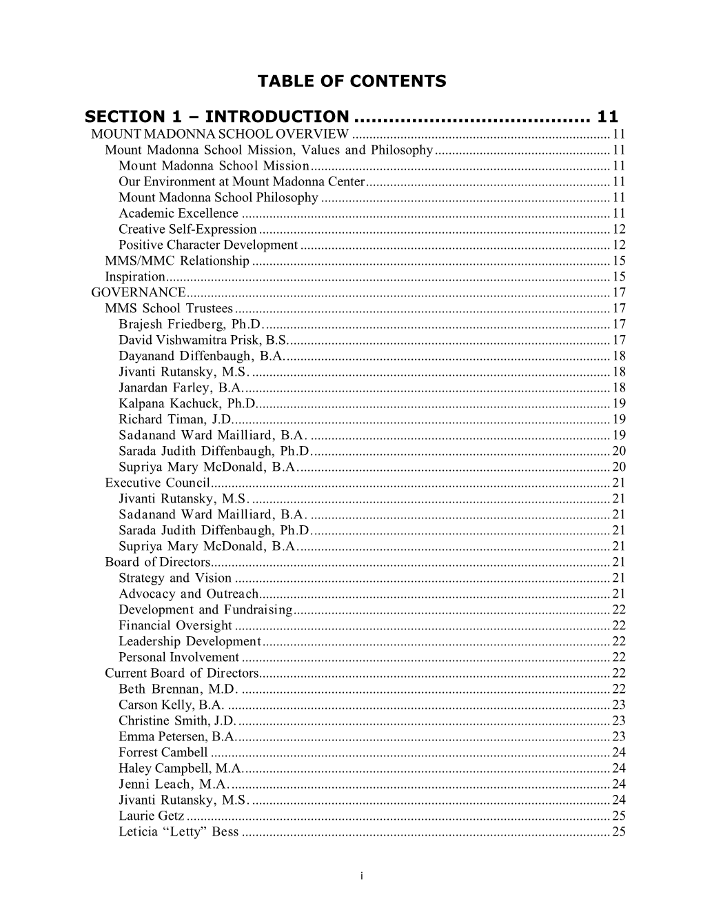 Table of Contents Section 1