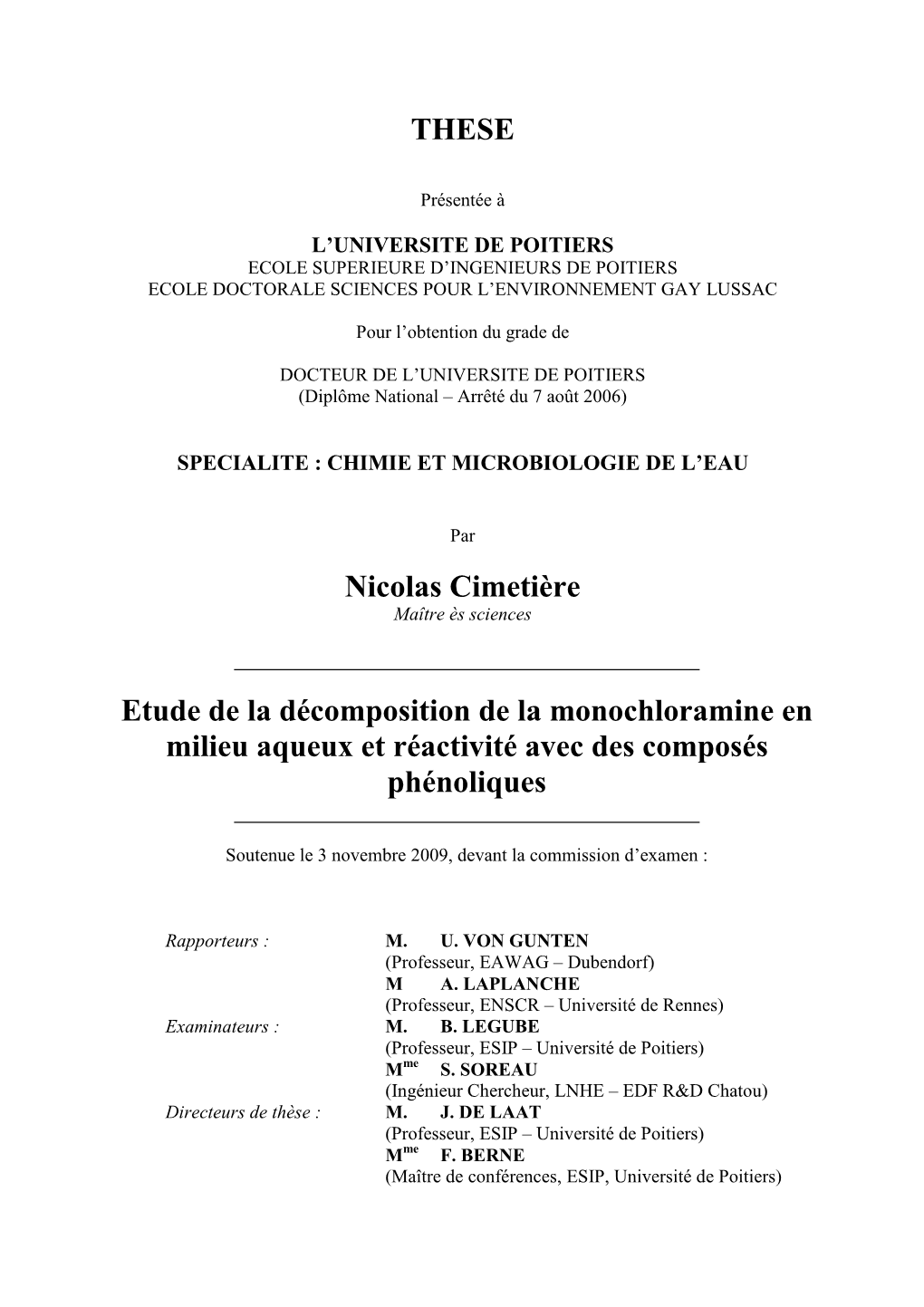 Etude De La Décomposition De La Monochloramine En Milieu Aqueux Et Réactivité Avec Des Composés Phénoliques