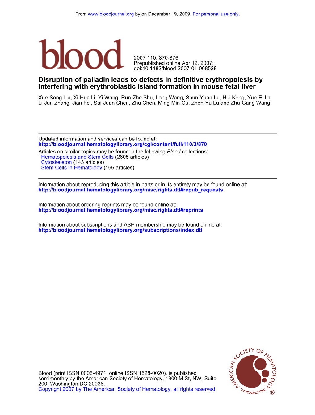 Interfering with Erythroblastic Island Formation in Mouse Fetal Liver Disruption of Palladin Leads to Defects in Definitive Eryt