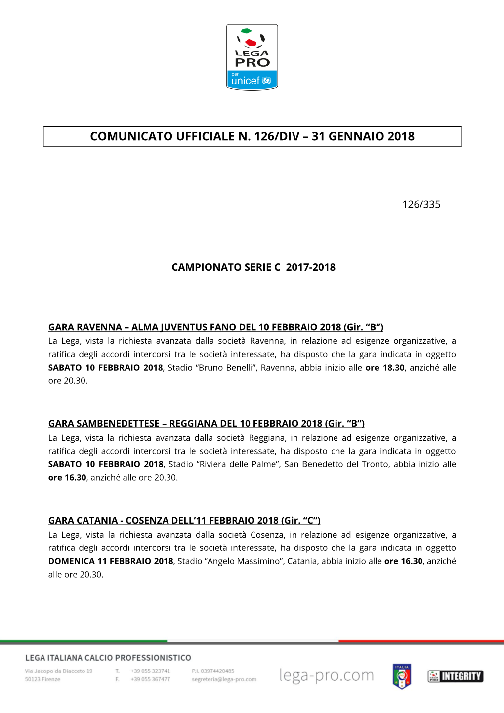 Comunicato Ufficiale N. 126/Div – 31 Gennaio 2018
