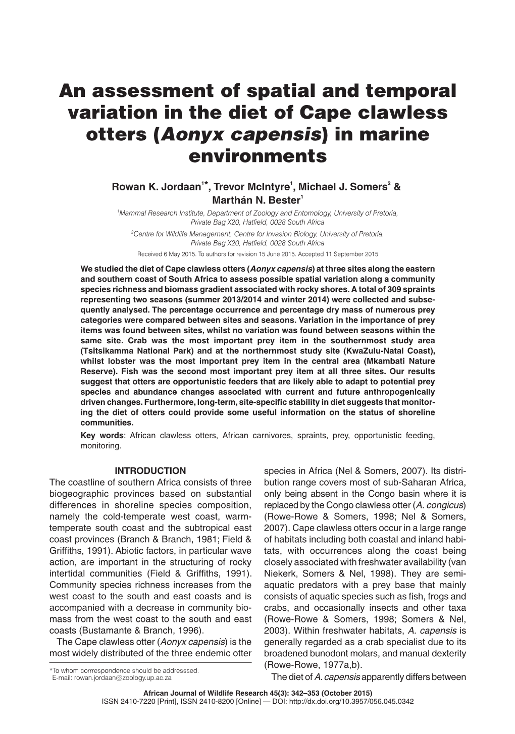 Otters (Aonyx Capensis) in Marine Environments