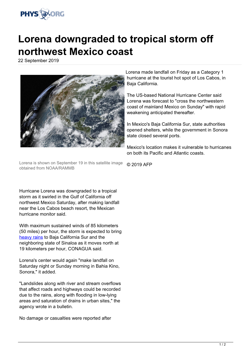 Lorena Downgraded to Tropical Storm Off Northwest Mexico Coast 22 September 2019