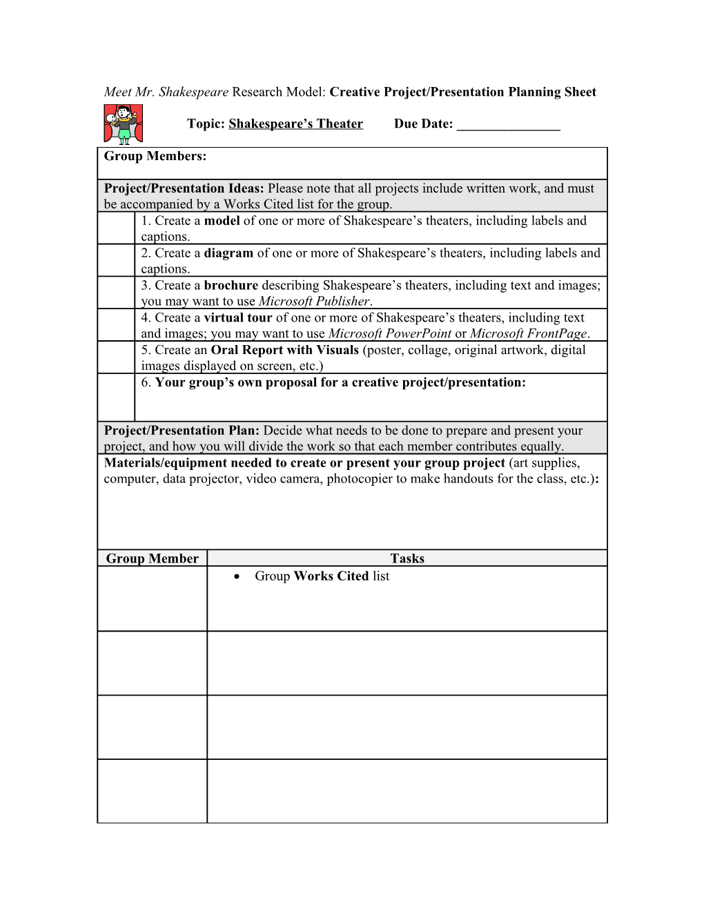 Meet Mr. Shakespeare Research Model: Creative Project/Presentation Planning Sheet