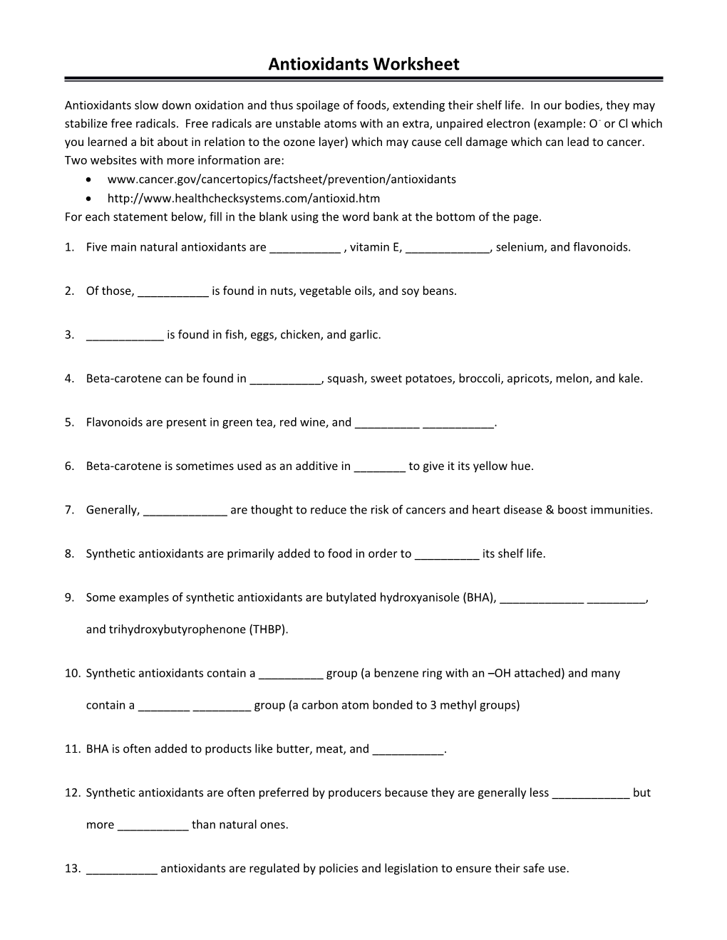 Antioxidants Worksheet