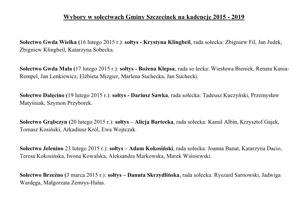 Wybory W Sołectwach Gminy Szczecinek Na Kadencję 2015 - 2019