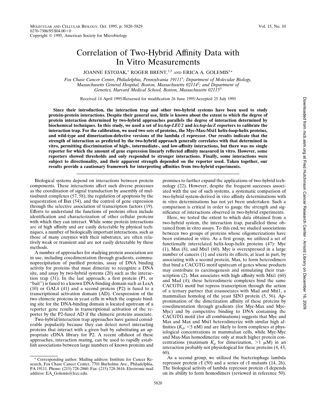 Correlation of Two-Hybrid Affinity Data with in Vitro Measurements