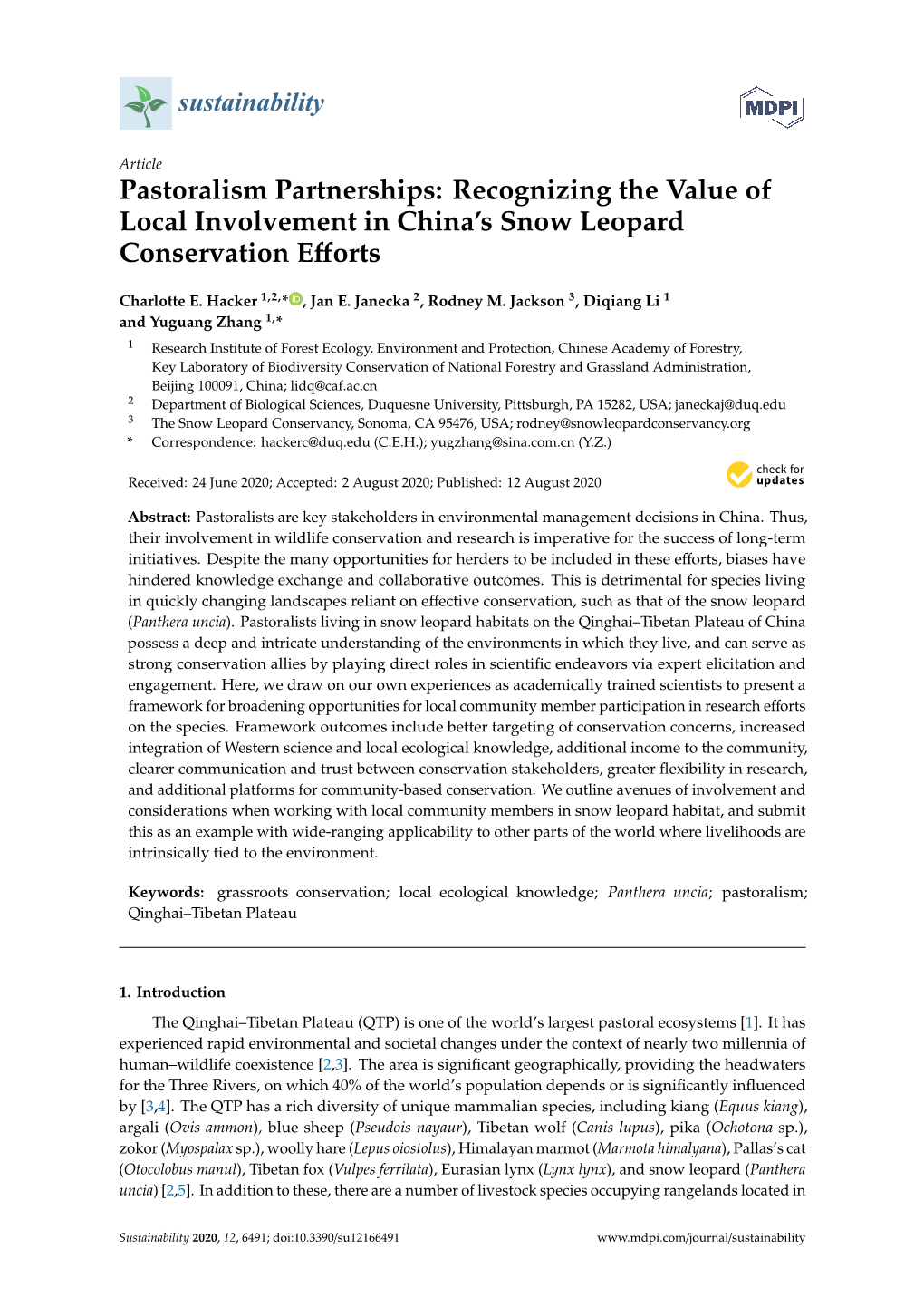 Pastoralism Partnerships: Recognizing the Value of Local Involvement in China’S Snow Leopard Conservation Eﬀorts