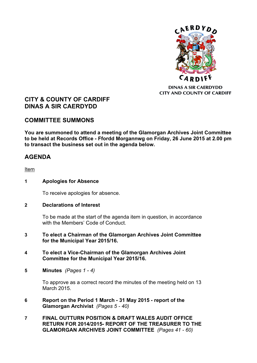 (Public Pack)Agenda Document for Glamorgan Archives Joint