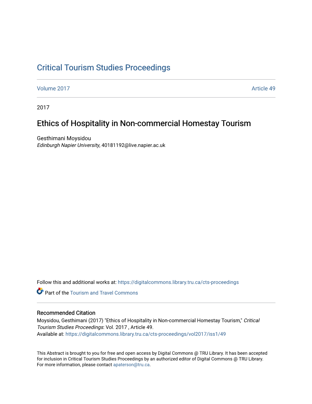 Ethics of Hospitality in Non-Commercial Homestay Tourism