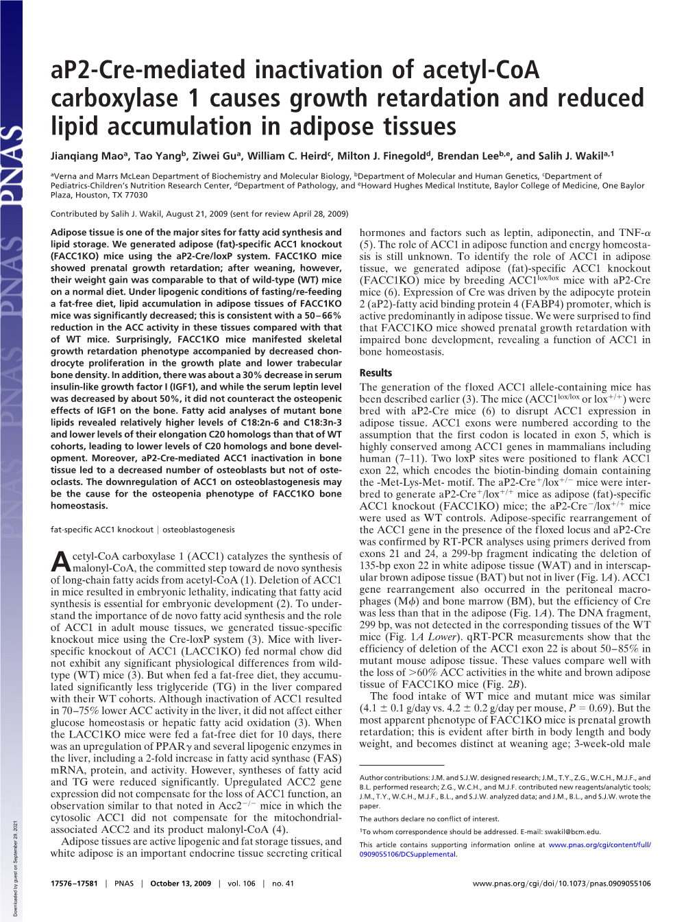 Ap2-Cre-Mediated Inactivation of Acetyl-Coa Carboxylase 1 Causes Growth Retardation and Reduced Lipid Accumulation in Adipose Tissues