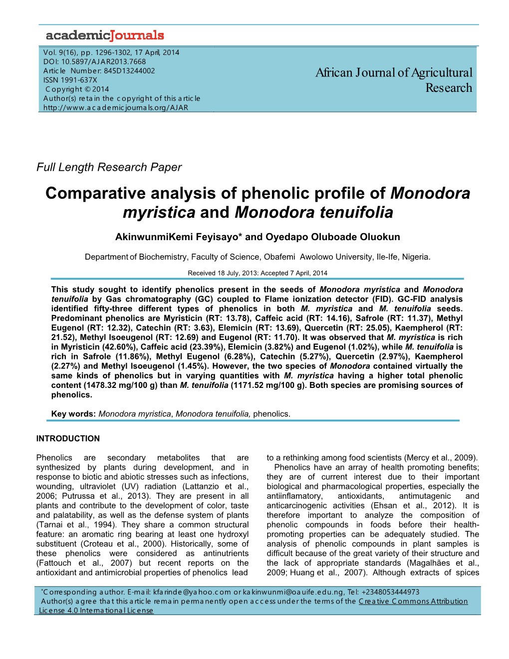 Comparative Analysis of Phenolic Profile of Monodora Myristica and Monodora Tenuifolia
