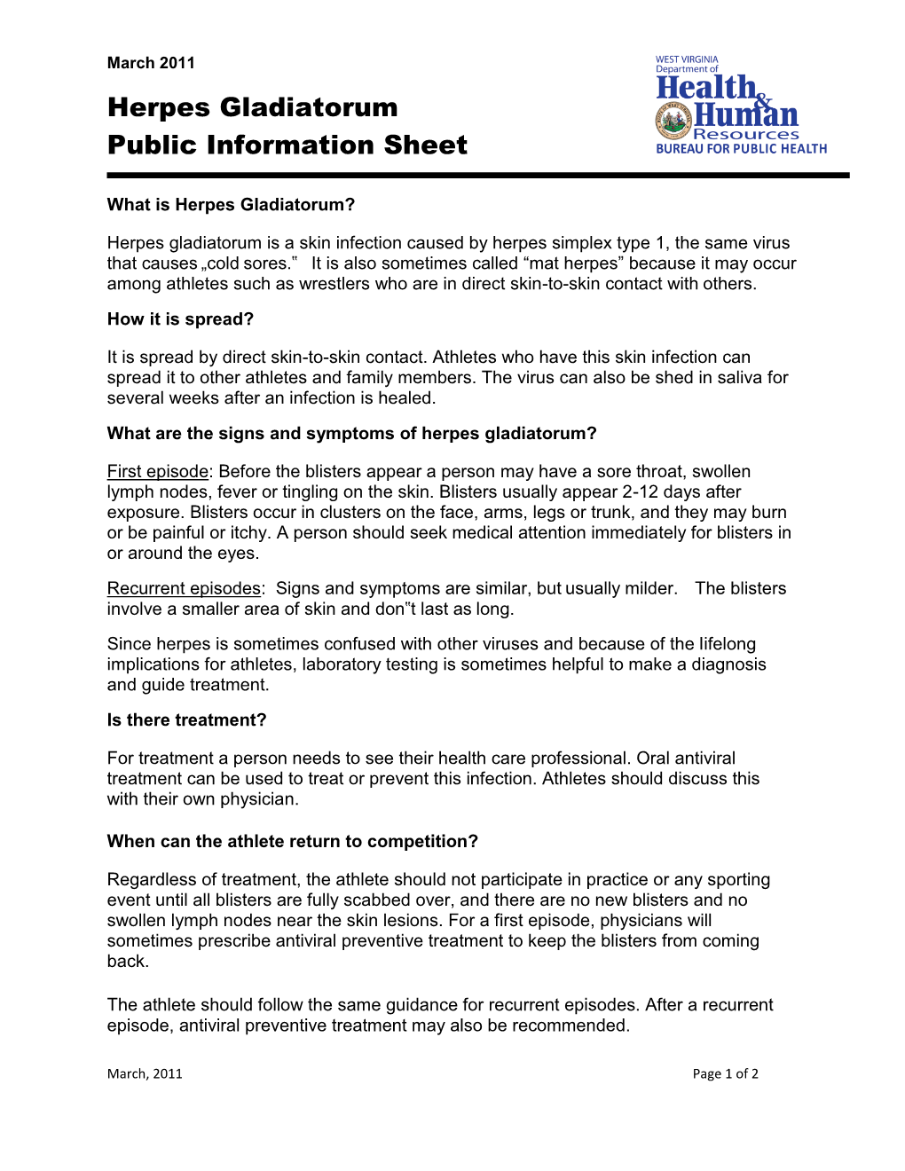 Herpes Gladiatorum Public Information Sheet