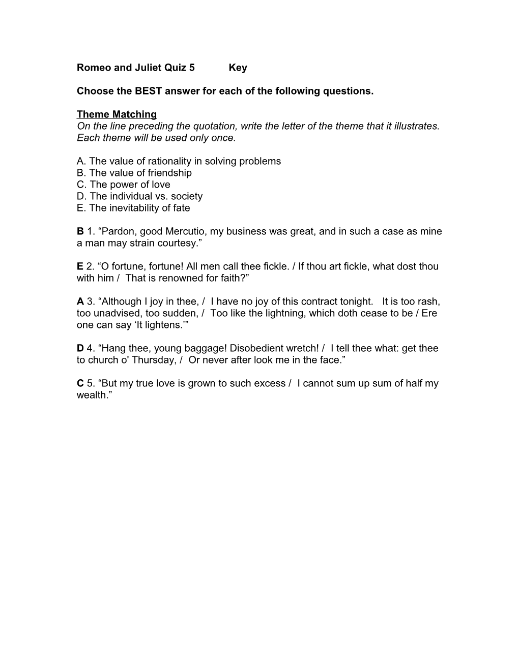 Romeo and Juliet Quiz 5 Key