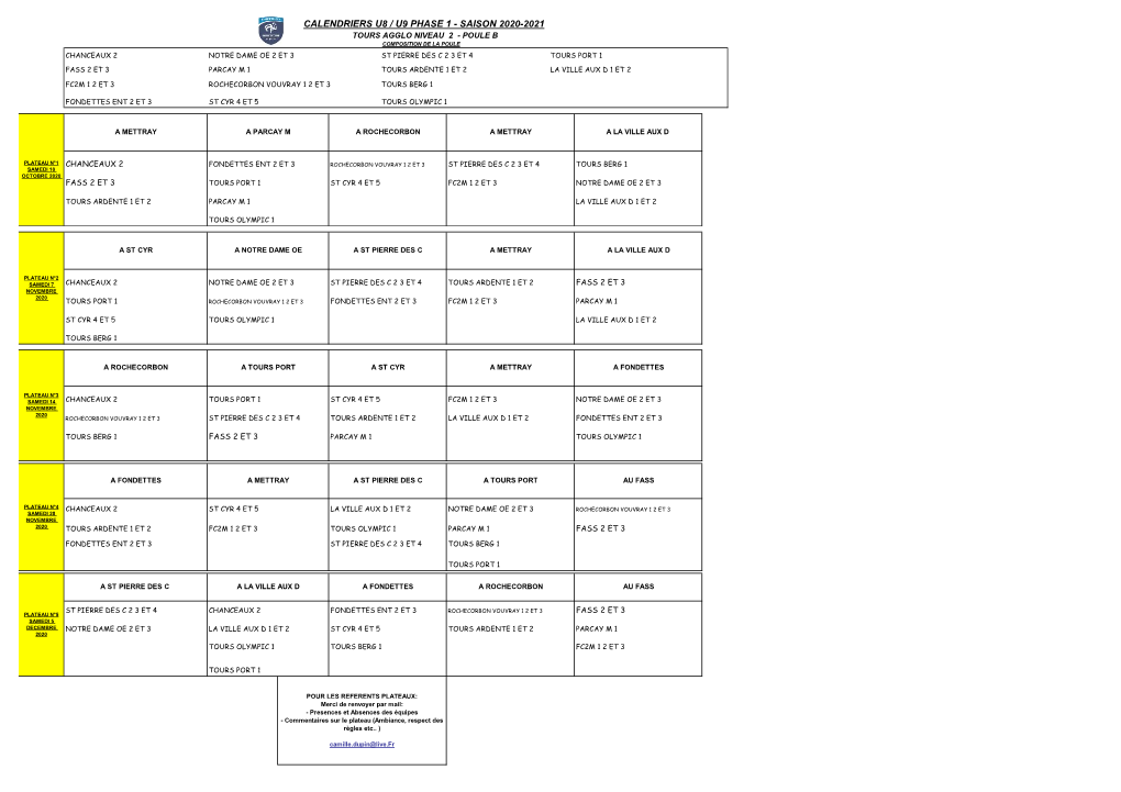 Calendriers U8 / U9 Phase 1