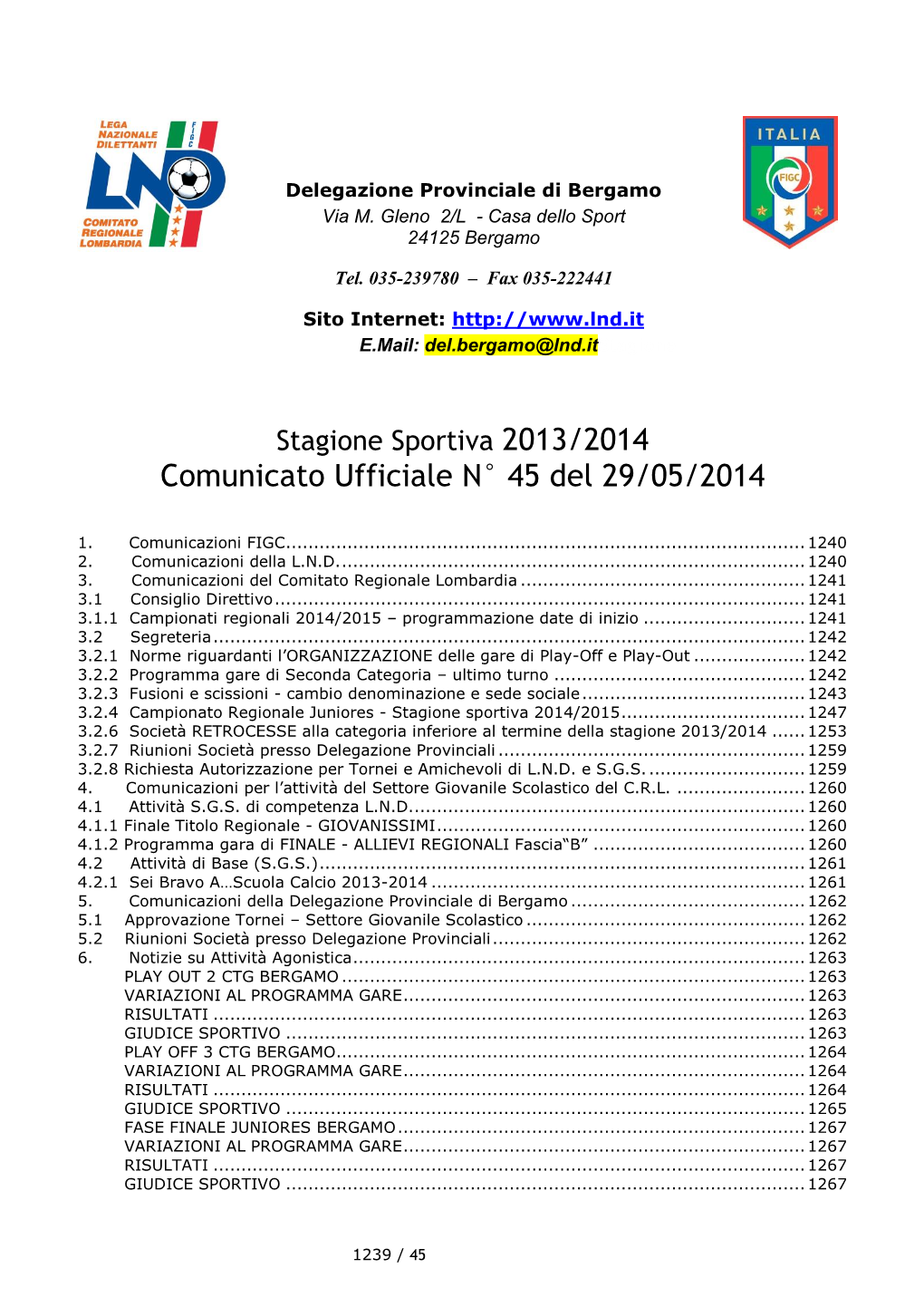 Comunicato Ufficiale N° 45 Del 29/05/2014