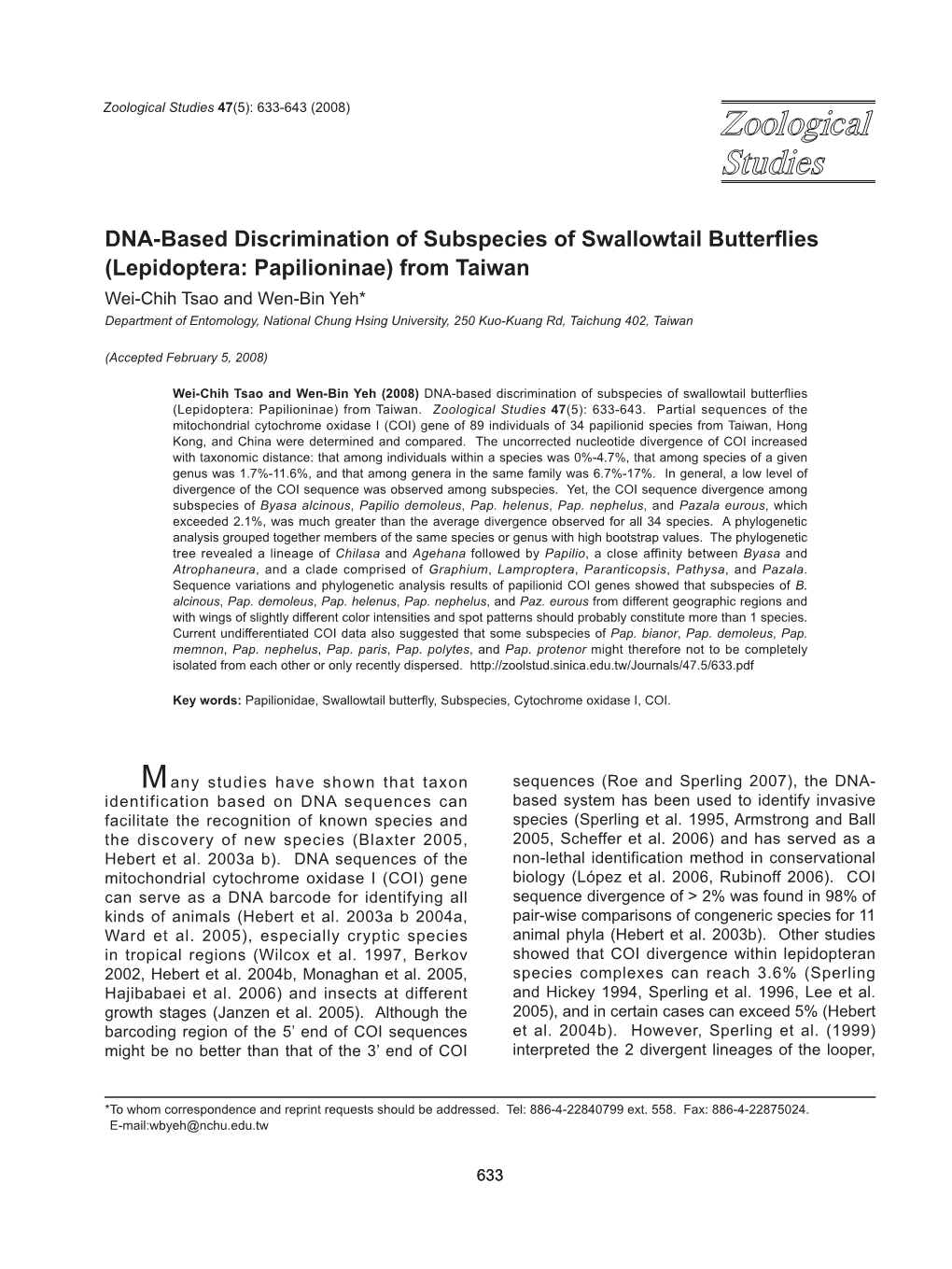 DNA-Based Discrimination of Subspecies of Swallowtail Butterflies (Lepidoptera: Papilioninae) from Taiwan