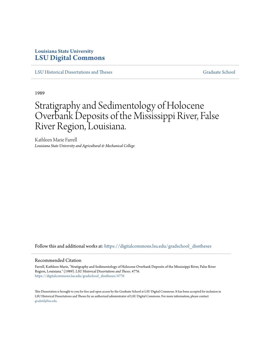 Stratigraphy and Sedimentology of Holocene Overbank Deposits of the Mississippi River, False River Region, Louisiana