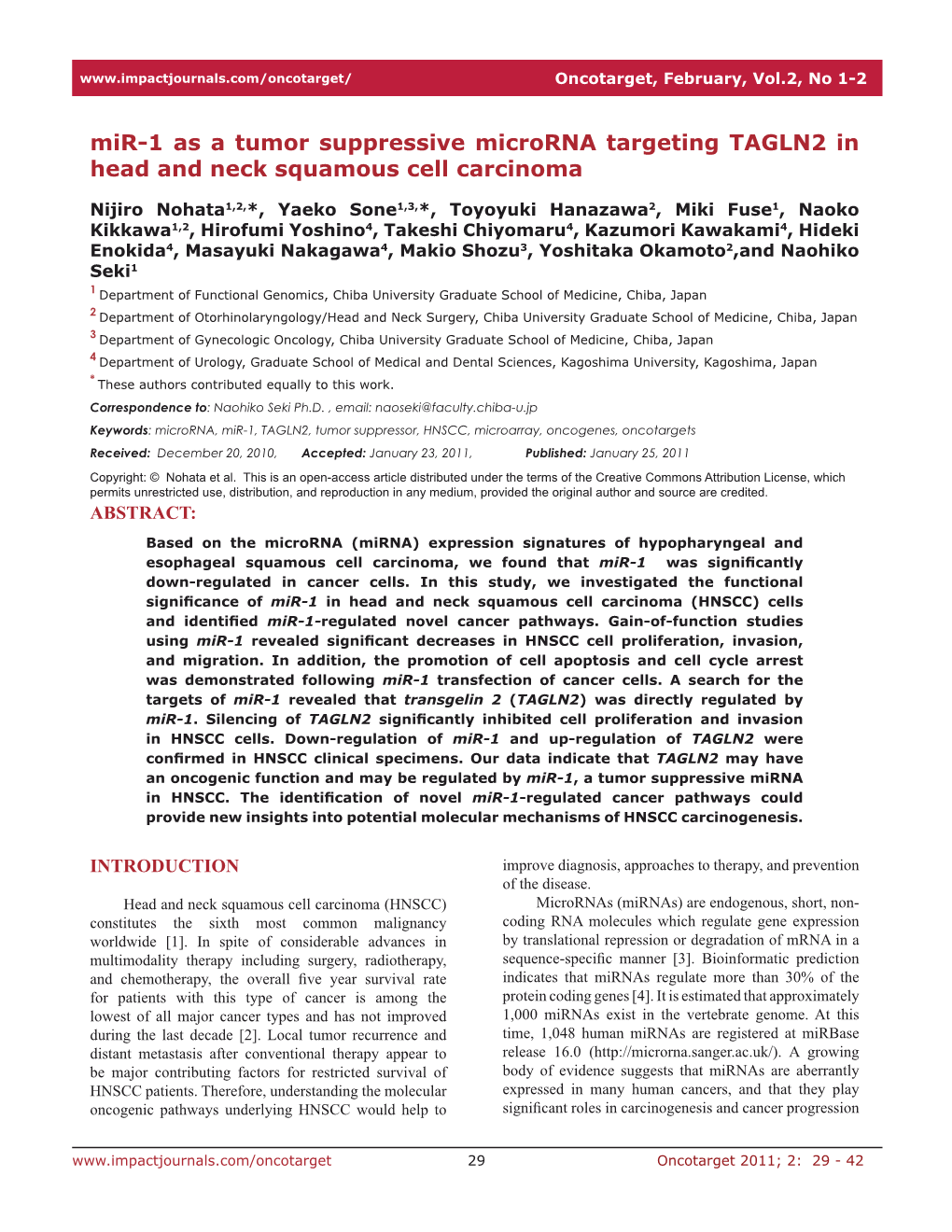 Mir-1 As a Tumor Suppressive Microrna Targeting TAGLN2 in Head and Neck Squamous Cell Carcinoma