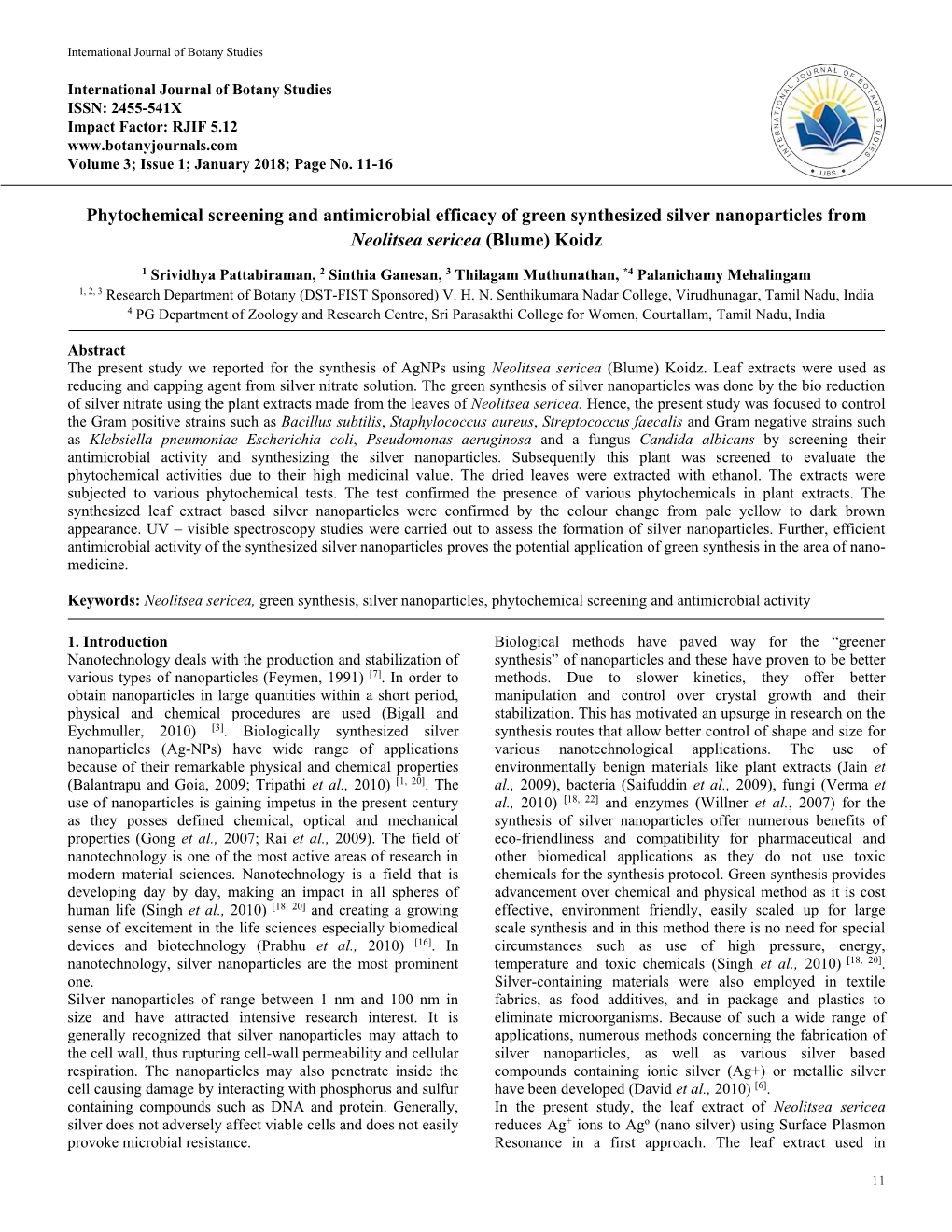 Phytochemical Screening and Antimicrobial Efficacy of Green Synthesized Silver Nanoparticles from Neolitsea Sericea (Blume) Koidz