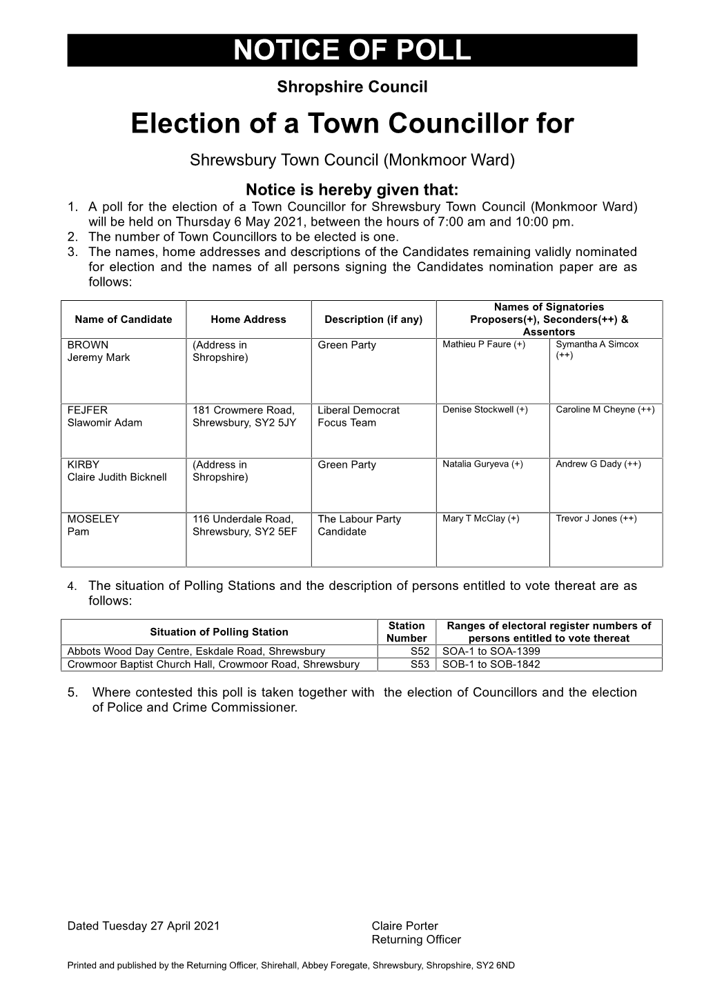 NOTICE of POLL Election of a Town Councillor