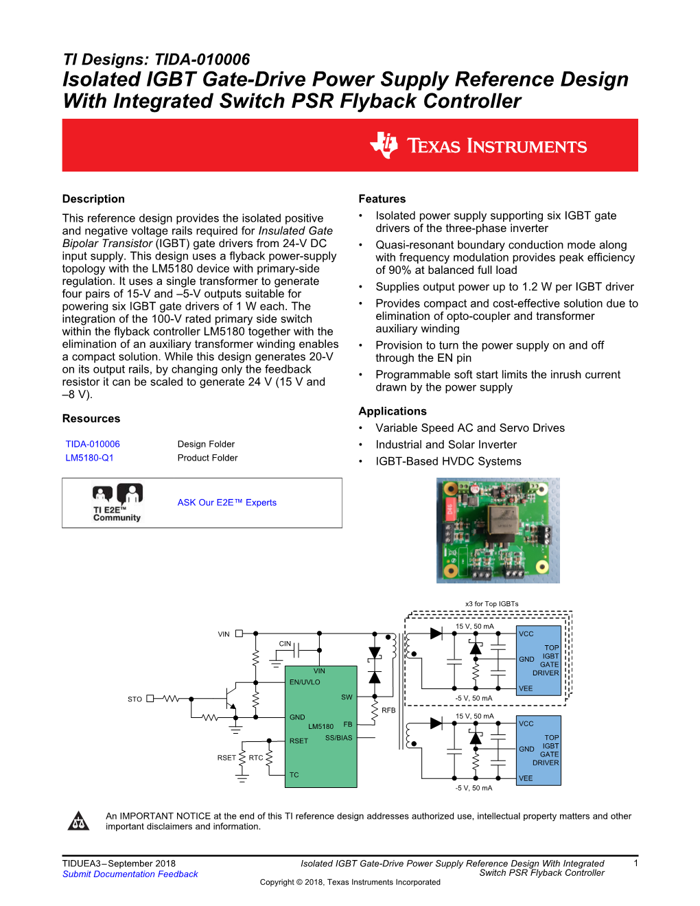 TI Designs: TIDA-010006 Isolated IGBT Gate-Drive Power Supply Reference Design with Integrated Switch PSR Flyback Controller