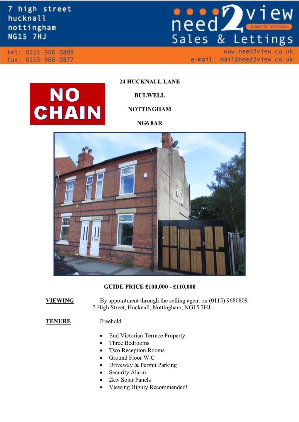 24 Hucknall Lane Bulwell Nottingham Ng6 8Ar Guide Price £100,000
