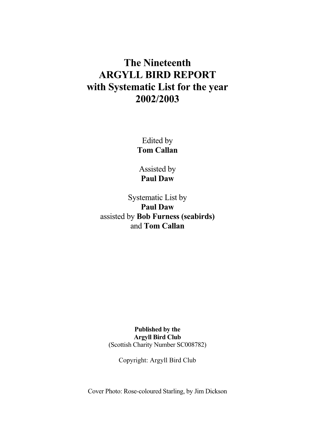 Argyll Bird Report 19 2002-03