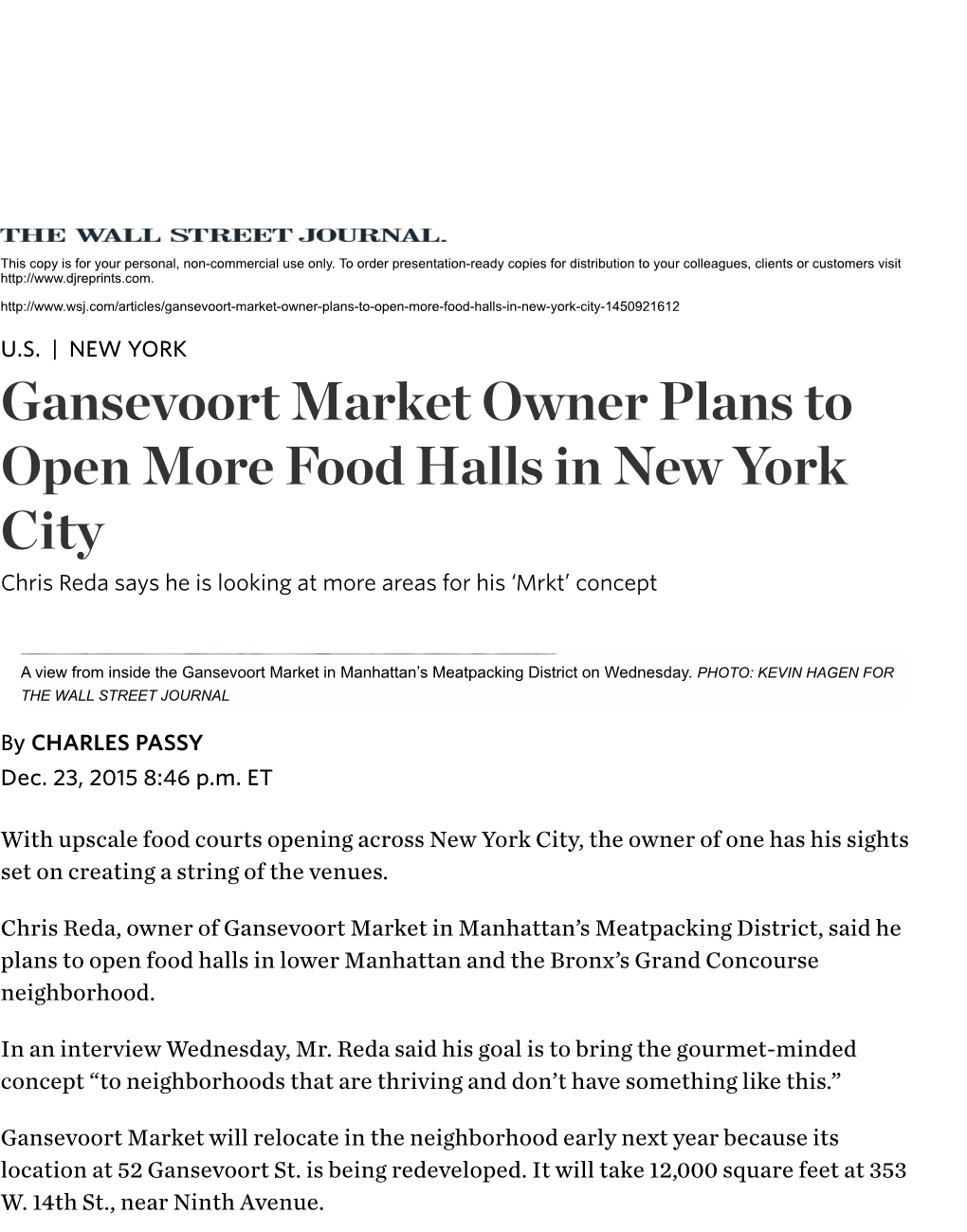 Gansevoort Market Owner Plans to Open More Food Halls in New York City Chris Reda Says He Is Looking at More Areas for His ‘Mrkt’ Concept