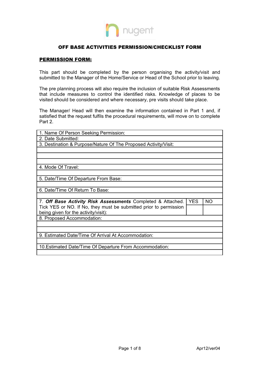 Off Base Activities Permission/Checklist Form