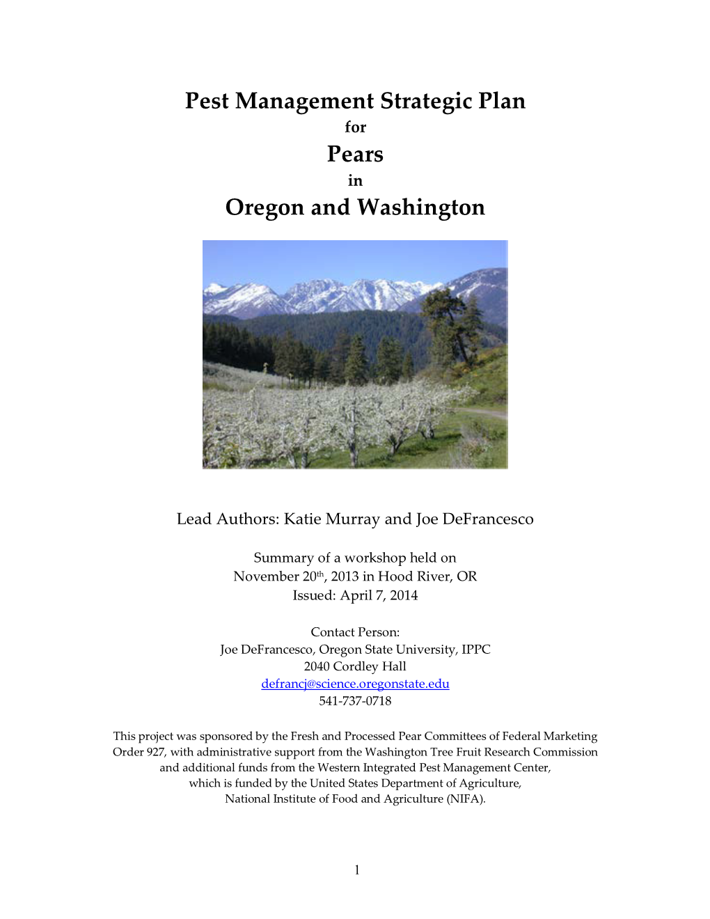 Pest Management Strategic Plan Pears Oregon and Washington