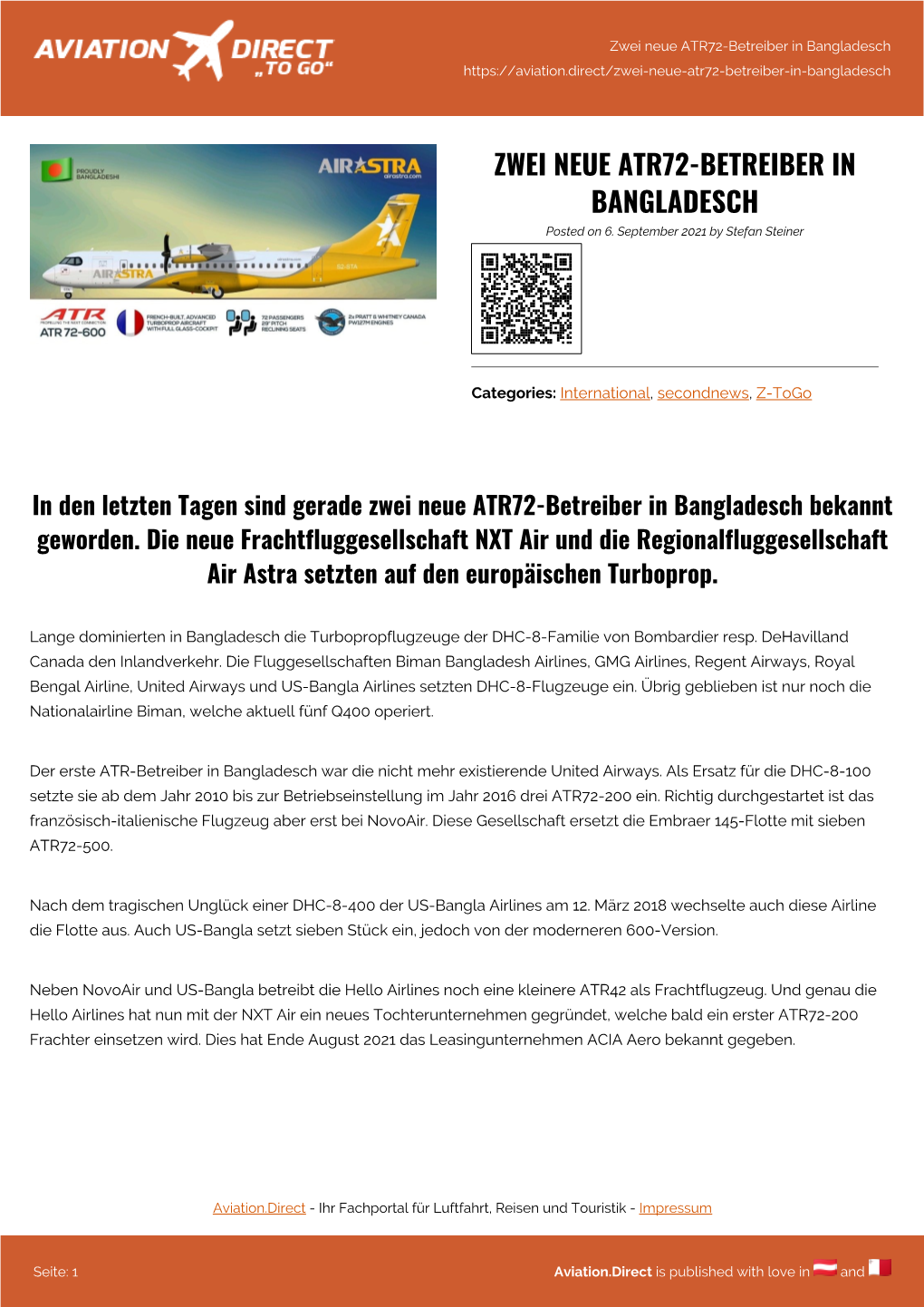 Zwei Neue ATR72-Betreiber in Bangladesch