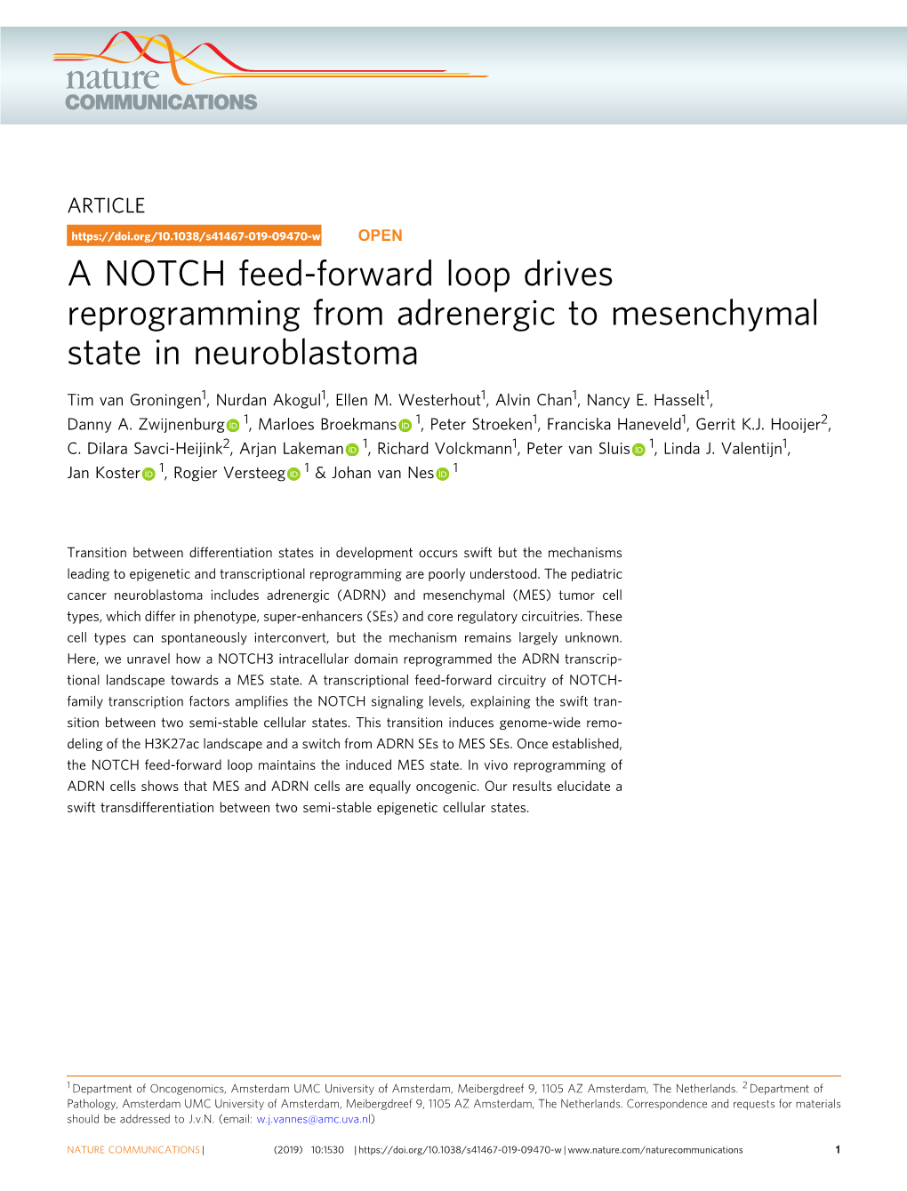 A NOTCH Feed-Forward Loop Drives Reprogramming from Adrenergic to Mesenchymal State in Neuroblastoma