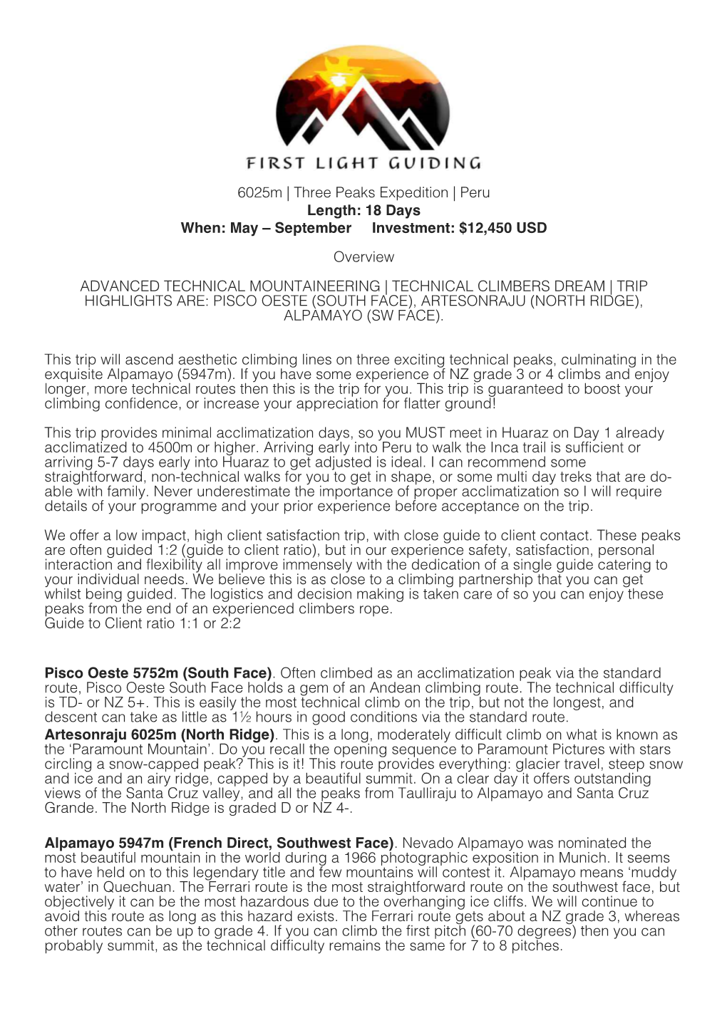 First Light Guiding Advanced Technical Mountaineering Itinerary