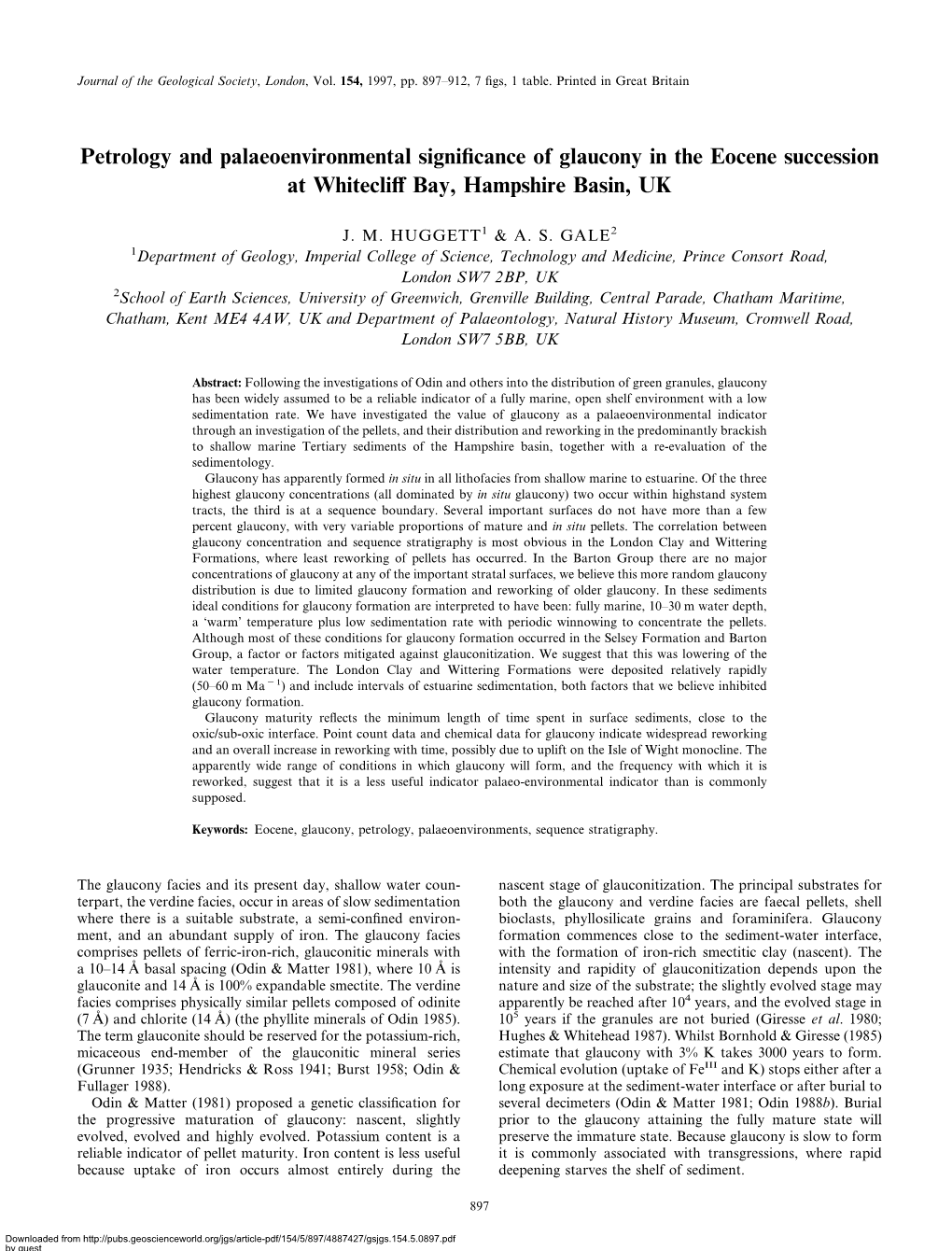 Petrology and Palaeoenvironmental Signiﬁcance of Glaucony in the Eocene Succession at Whitecliﬀ Bay, Hampshire Basin, UK